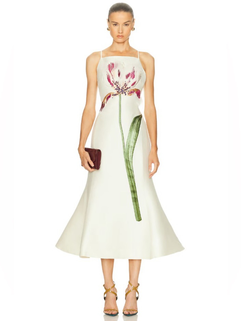 Leo Lin Regina Wool & Silk Ivory Embroidery Flower Embellished Midi Dress NWT